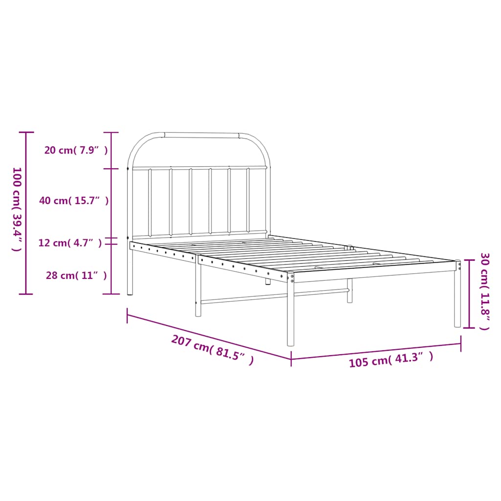 Metal Bed Frame without Mattress with Headboard Black 100x200cm