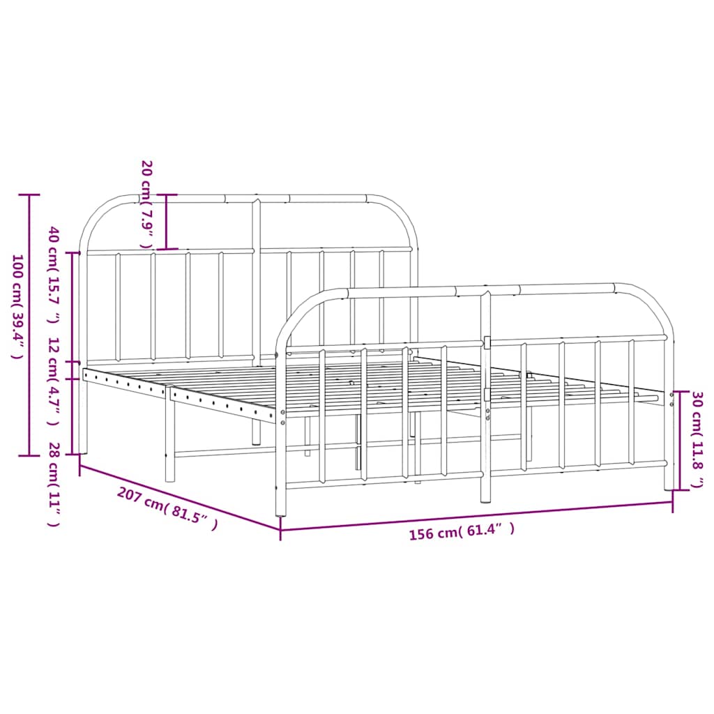 Metal Bed Frame without Mattress with Footboard White 150x200cm