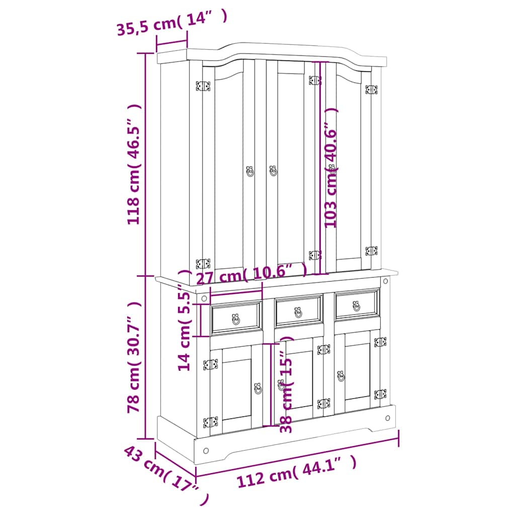 Highboard Corona White 112x43x196 cm Solid Wood Mexican Pine