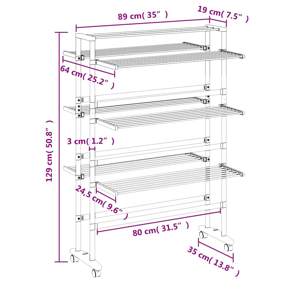 Laundry Drying Rack with Wheels 89x64x129 cm Aluminium