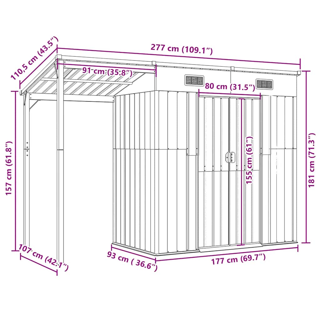 Garden Shed with Extended Roof Green 277x107x181 cm Steel