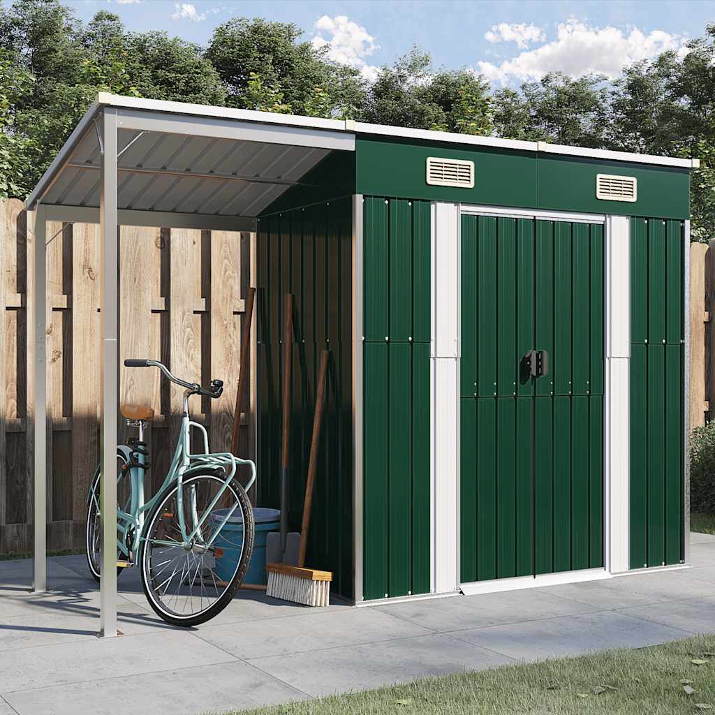 Garden Shed with Extended Roof Green 277x107x181 cm Steel