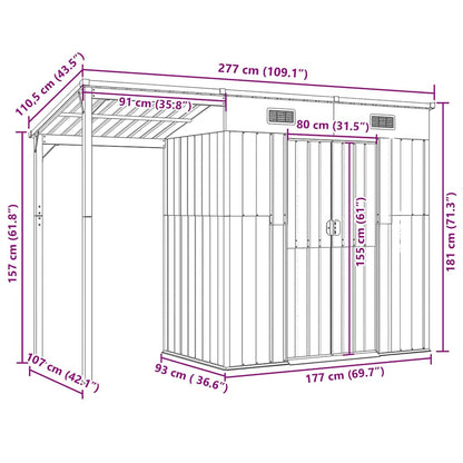 Garden Shed with Extended Roof Light Brown 277x107x181cm Steel