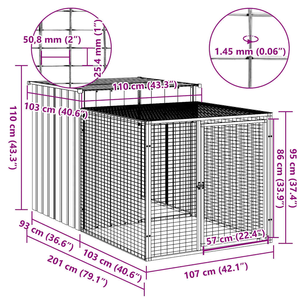 Chicken Cage with Run Light Grey 110x201x110cm Galvanised Steel