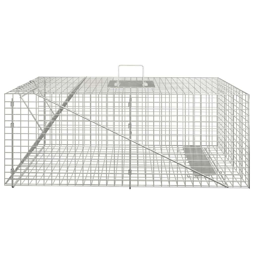 Close-up view of the Animal Trap 64.5x25x26.5 cm Galvanised Iron highlighting the smooth internal edges and single entry door.