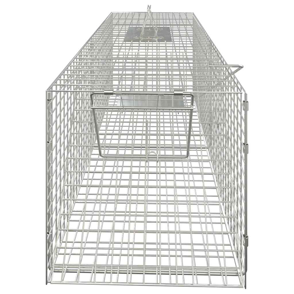 Animal Trap 64.5x25x26.5 cm Galvanised Iron displayed with a carrying handle for convenient transport and operation.