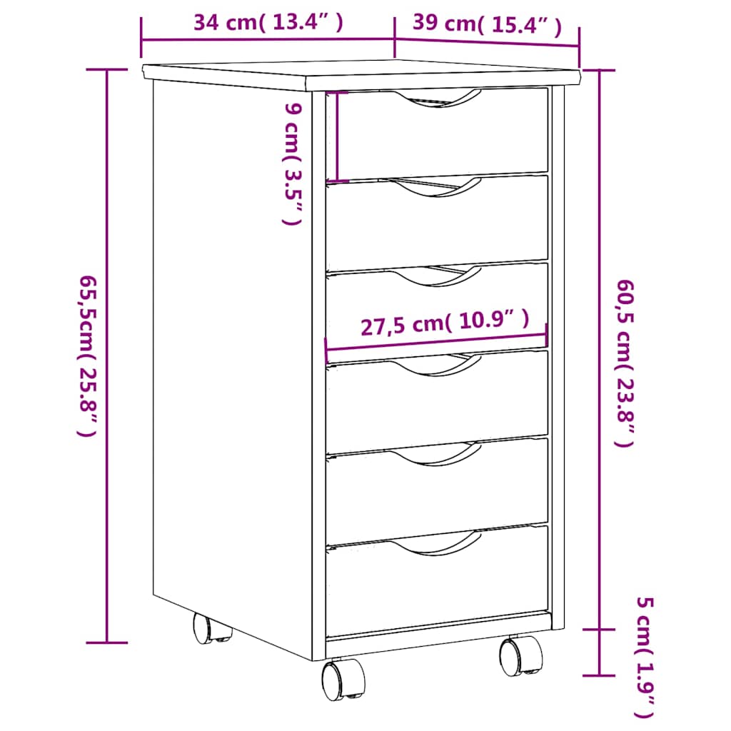 Rolling Cabinet with Drawers MOSS Grey Solid Wood Pine