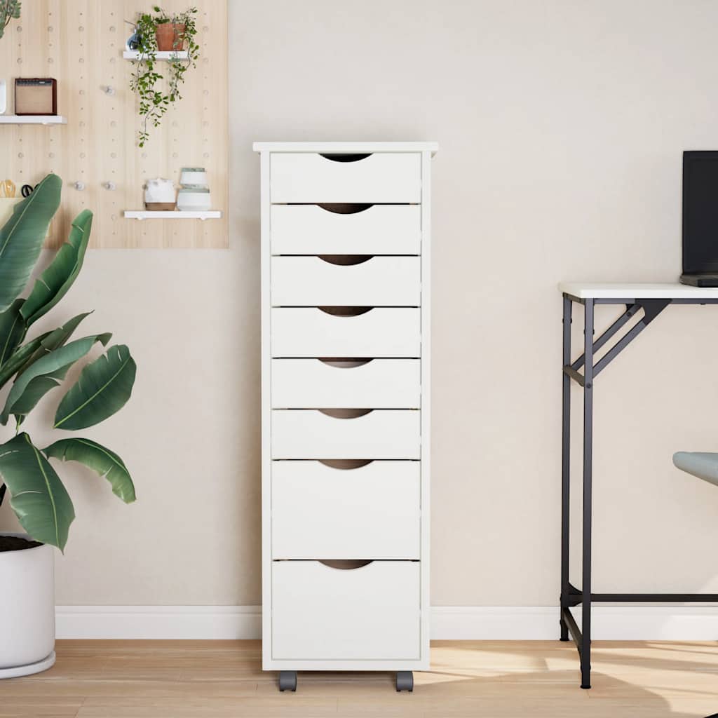 Rolling Cabinet with Drawers MOSS White Solid Wood Pine