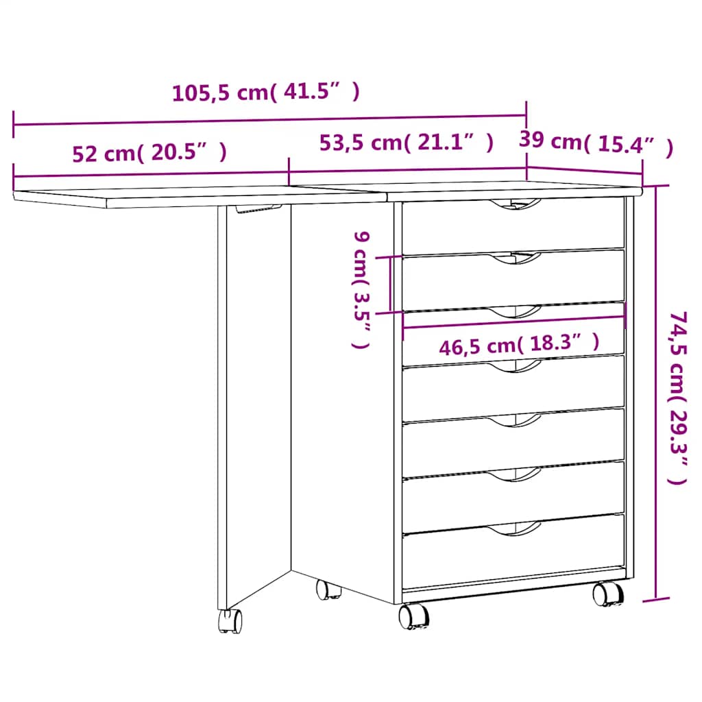 Rolling Cabinet with Desk MOSS Grey Solid Wood Pine