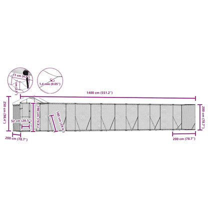 Outdoor Dog Kennel with Roof Silver 14x2x2.5 m Galvanised Steel