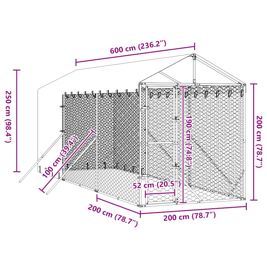 Outdoor Dog Kennel with Roof Silver 2x6x2.5 m Galvanised Steel