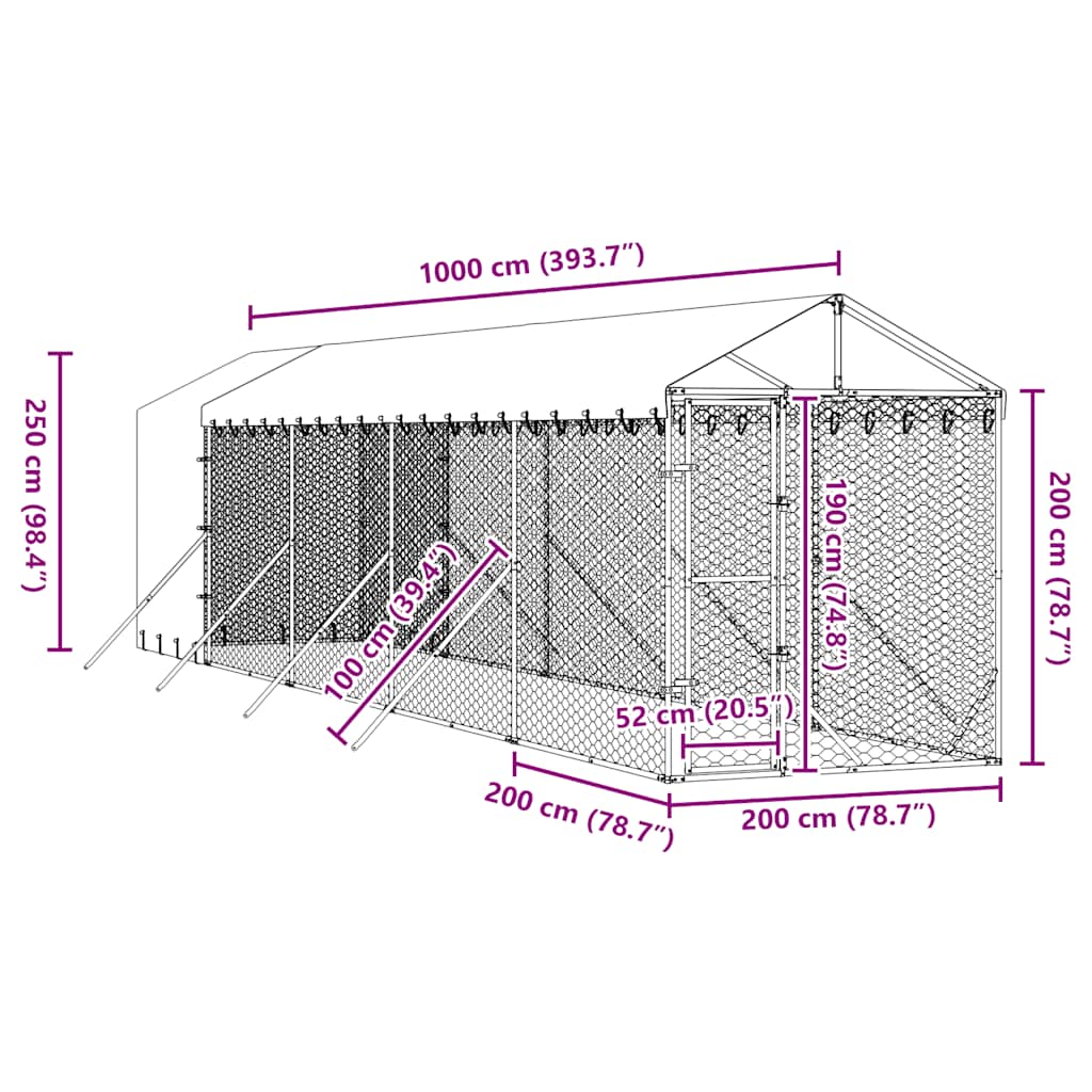 Outdoor Dog Kennel with Roof Silver 2x10x2,5 m Galvanised Steel