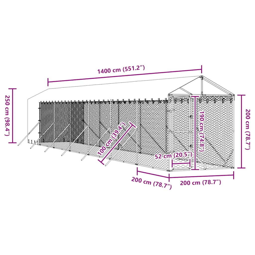 Outdoor Dog Kennel with Roof Silver 2x14x2.5 m Galvanised Steel