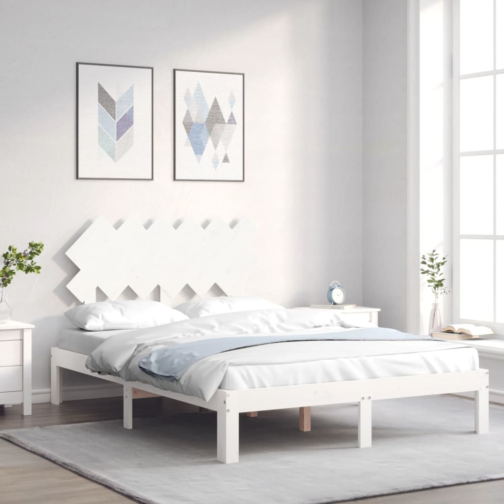 Bed Frame without Mattress White Double Solid Wood Pine