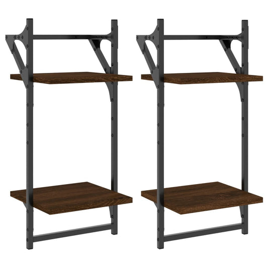 2-Tier Wall Shelves with Bars 2 pcs Brown Oak 30x25x65 cm
