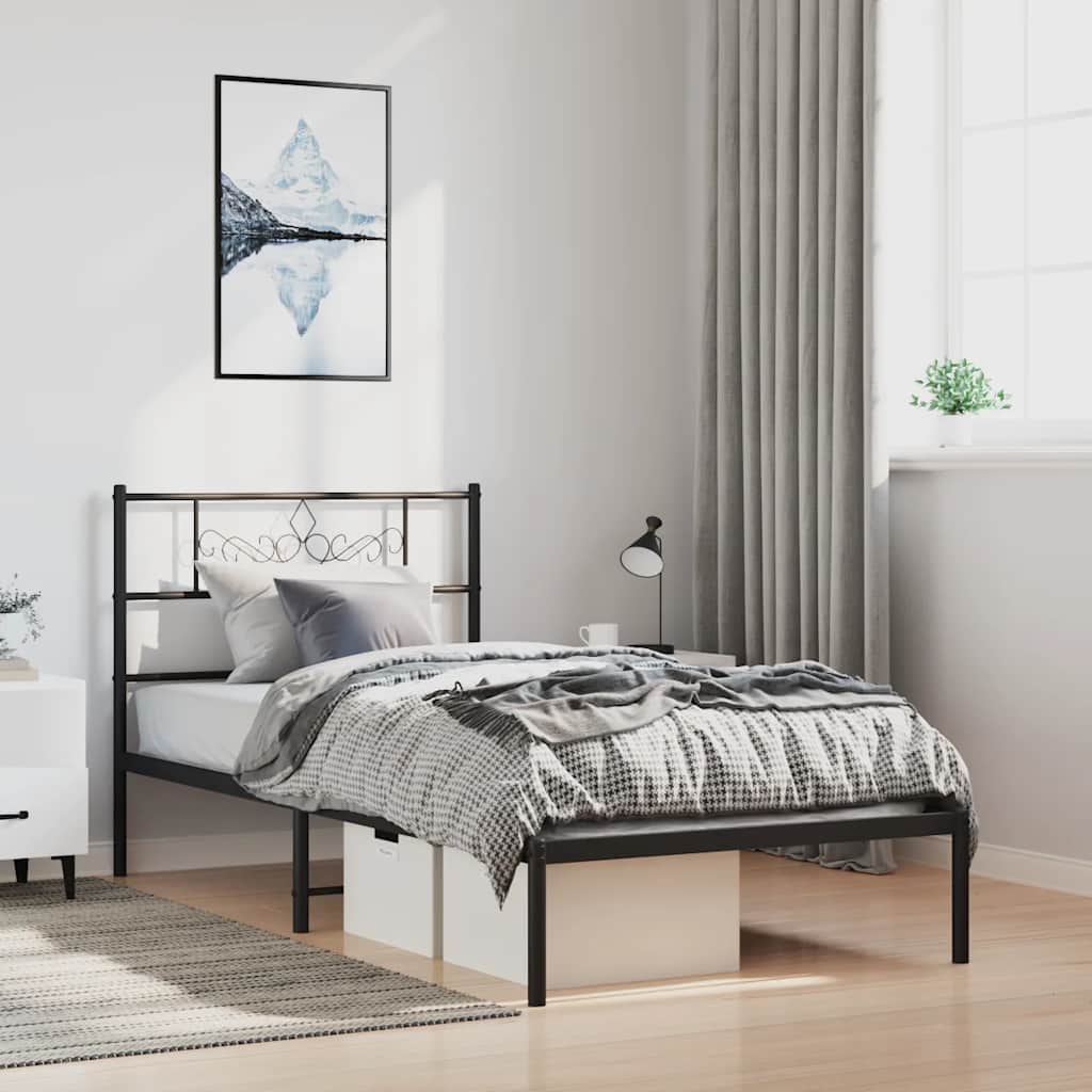 Metal Bed Frame without Mattress with Headboard Black 100x190cm