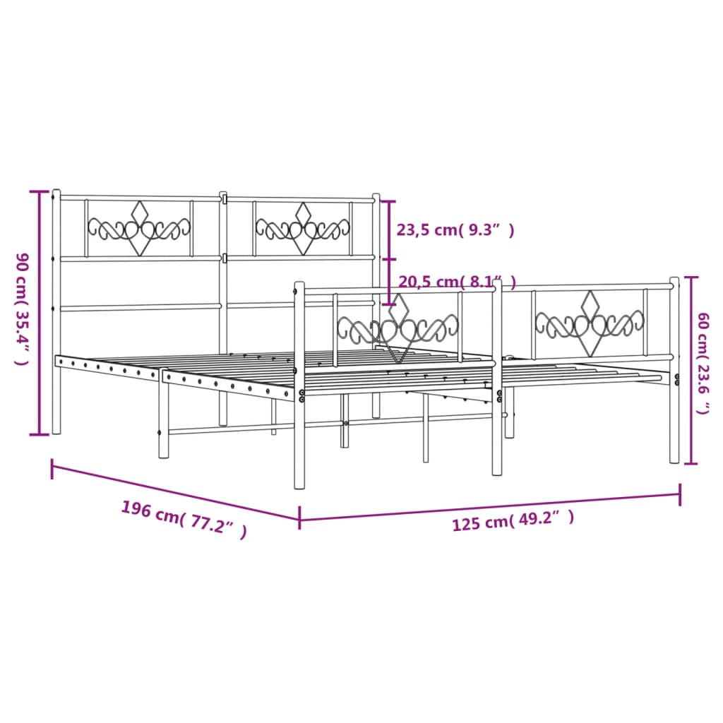 Metal Bed Frame without Mattress with Footboard Black 120x190cm