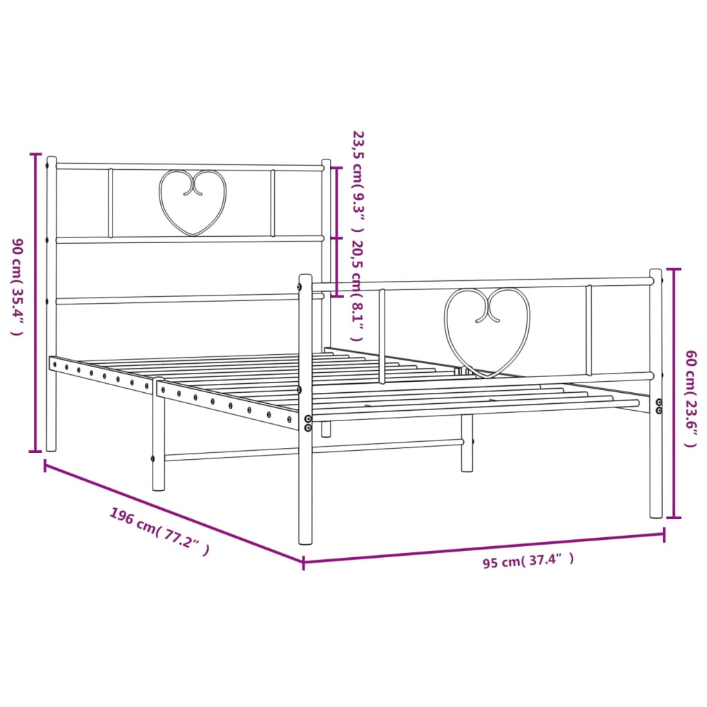 Metal Bed Frame without Mattress with Footboard White 90x190cm
