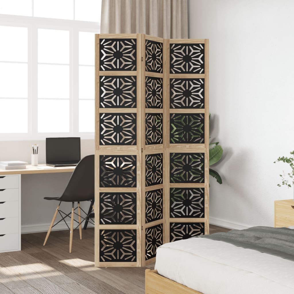Room Divider 3 Panels Brown and Black Solid Wood Paulownia