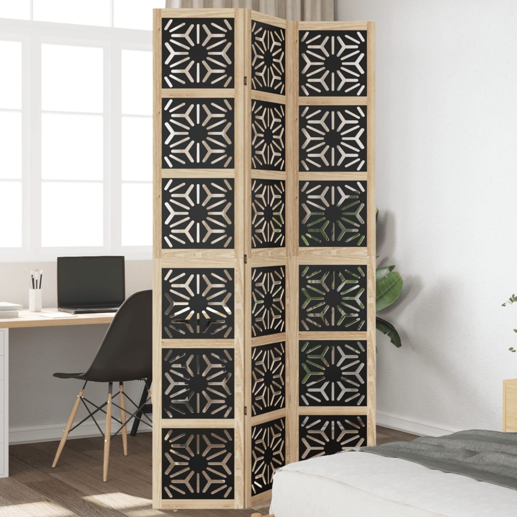 Room Divider 3 Panels Brown and Black Solid Wood Paulownia