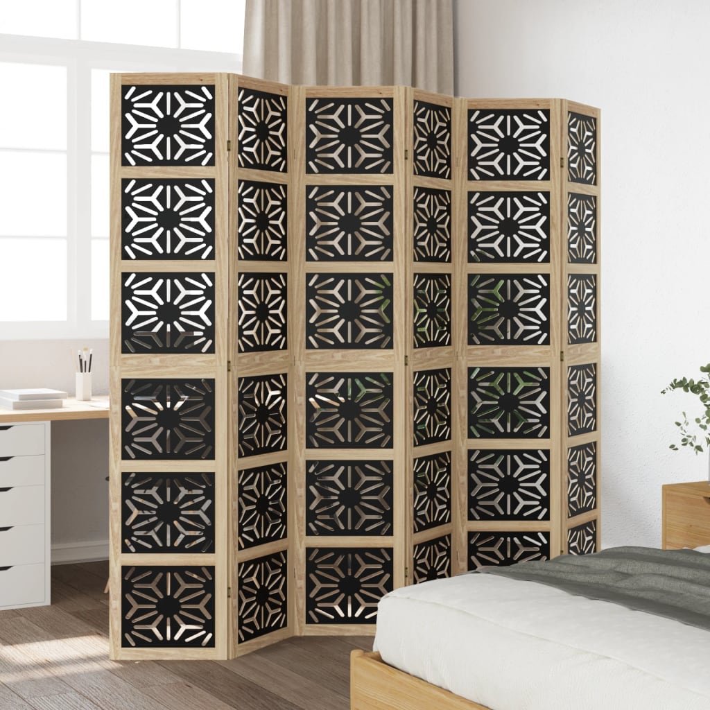Room Divider 6 Panels Brown and Black Solid Wood Paulownia