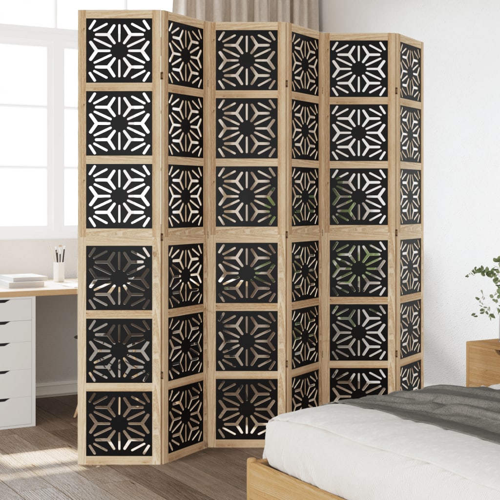 Room Divider 6 Panels Brown and Black Solid Wood Paulownia
