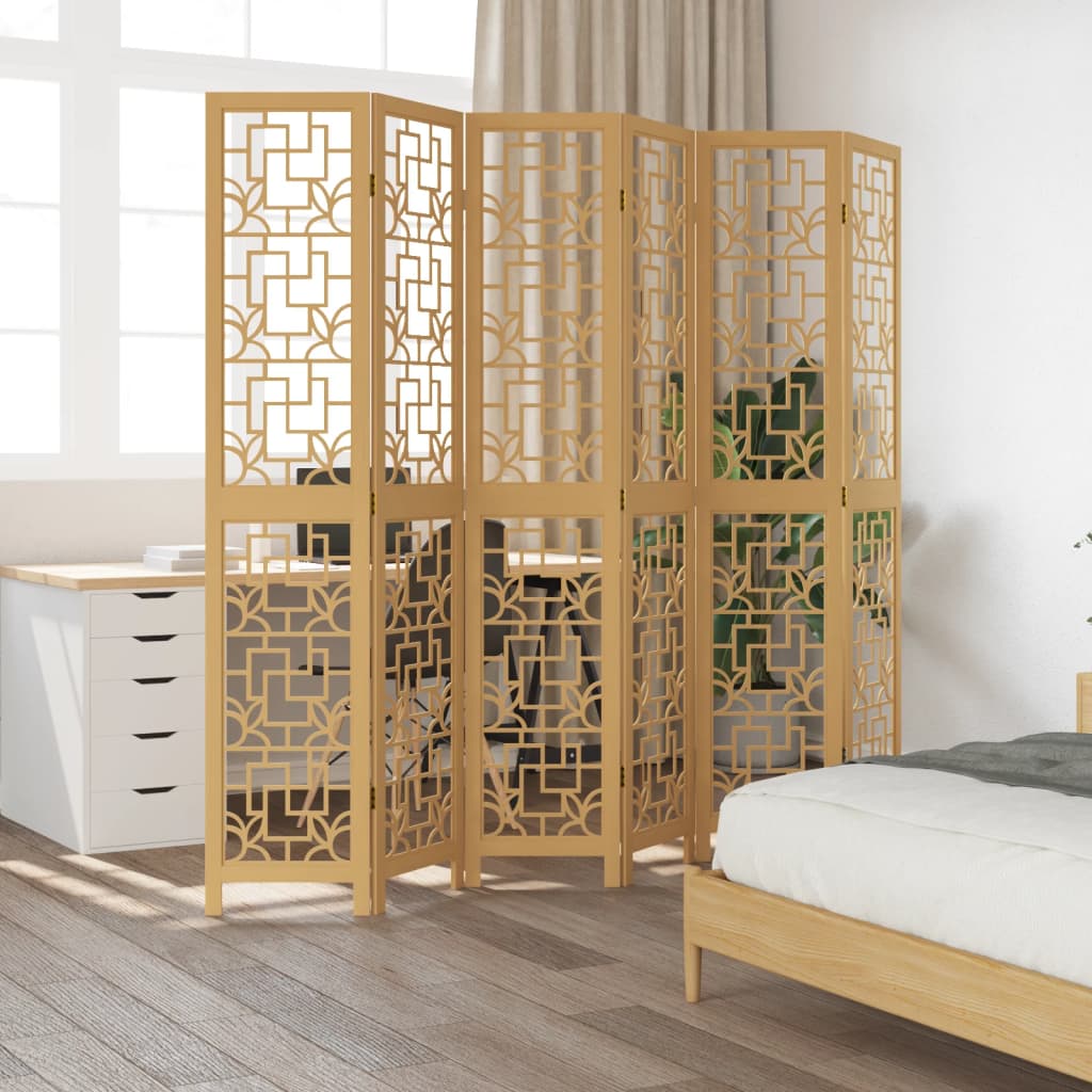 Room Divider 6 Panels Brown Solid Wood Paulownia