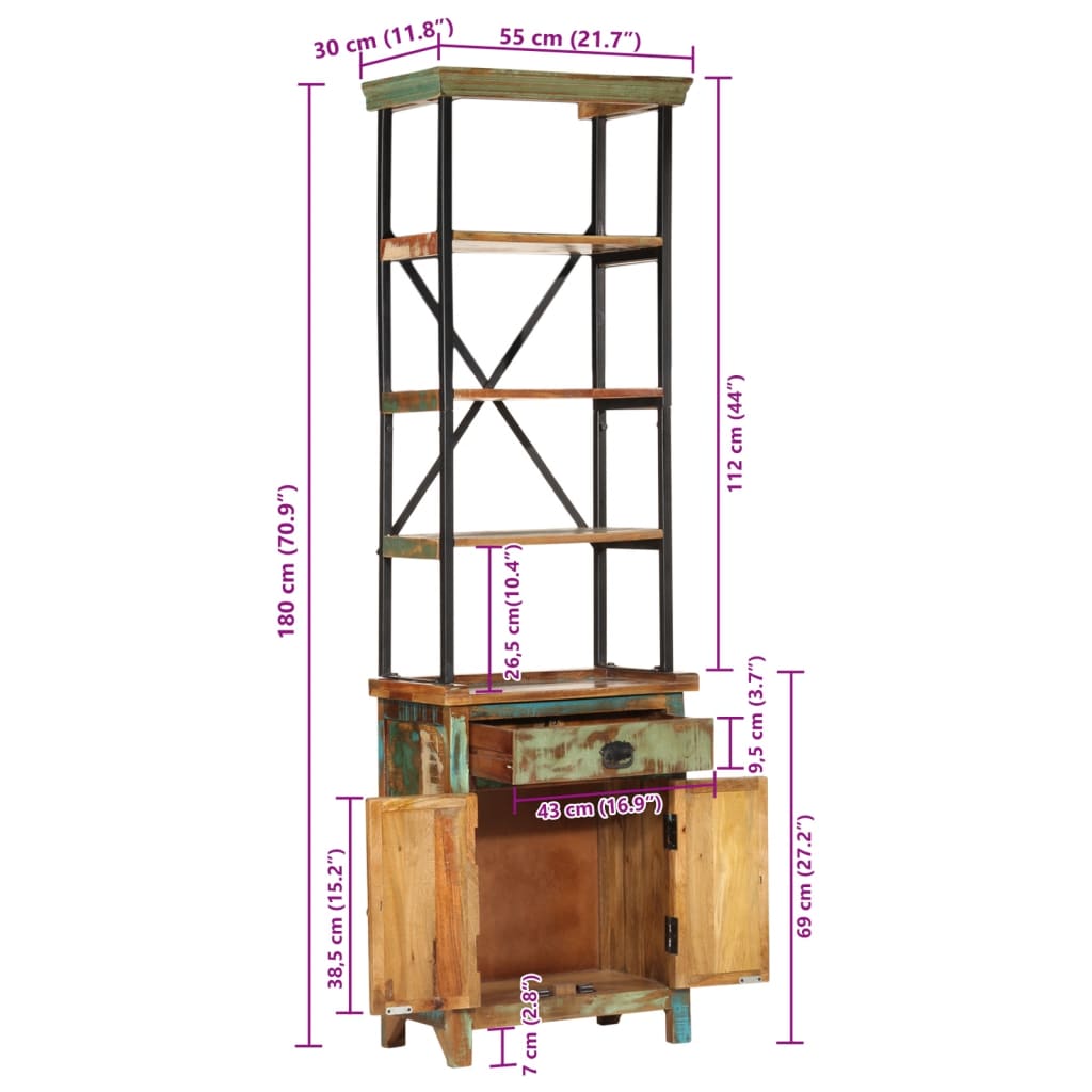 Highboard 55x30x180 cm Solid Wood Reclaimed