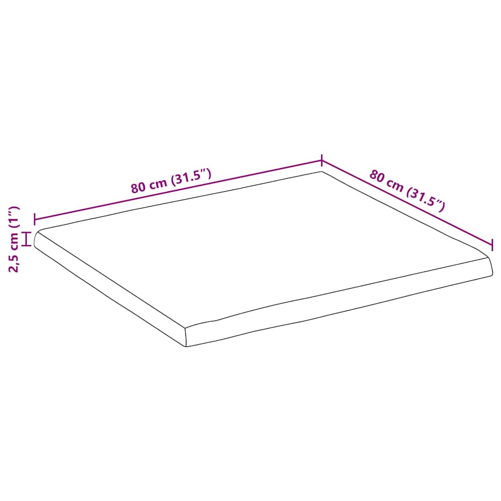 Table Top 80x80x2.5 cm Rectangular Solid Wood Acacia Live Edge
