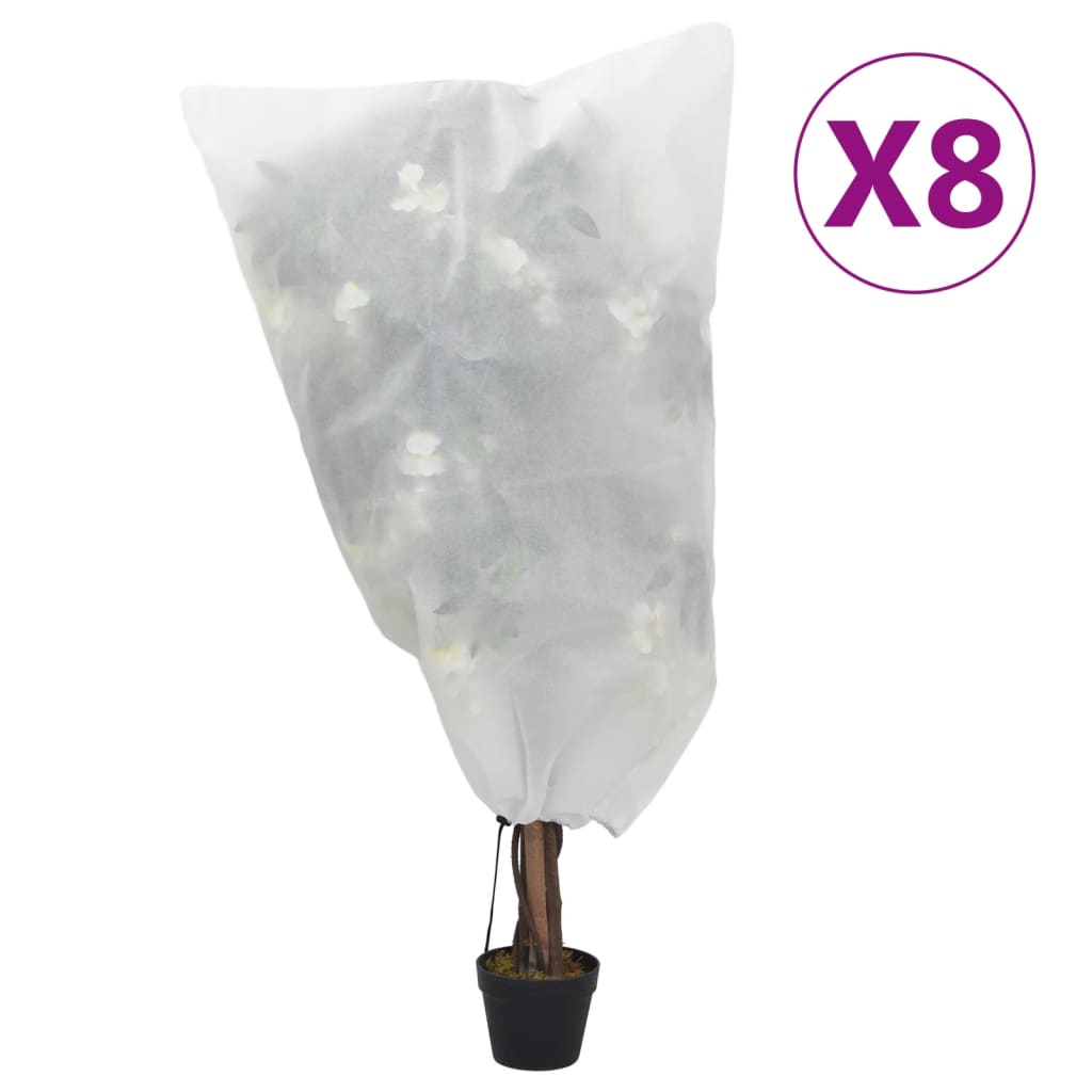 Plant Fleece Covers with Drawstring 8 pcs 70 g/m² 0.8x1 m, showcasing the breathable non-woven fabric designed to protect plants from winter cold.