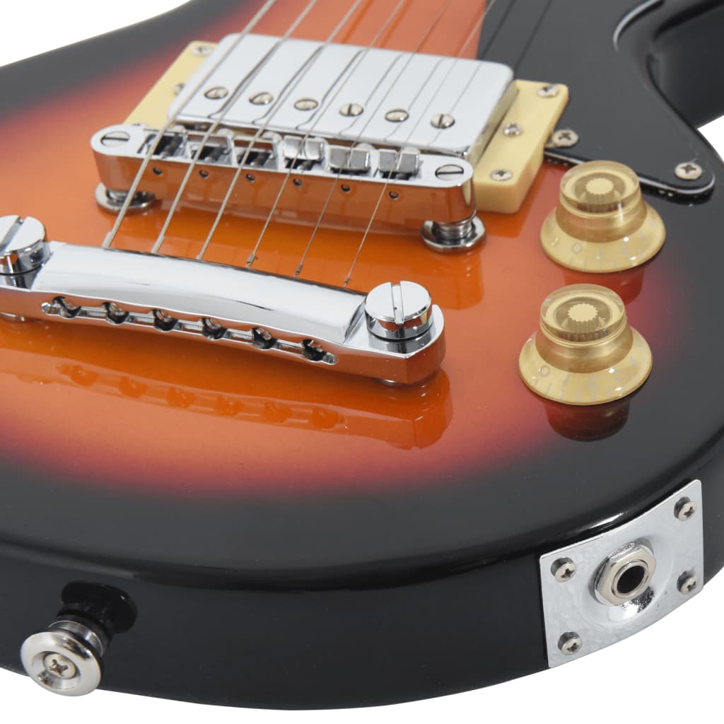 Electric Guitar for Kids with Bag Brown and Black 3/4 30" featuring the included accessories like tuner, audio cable, and picks.