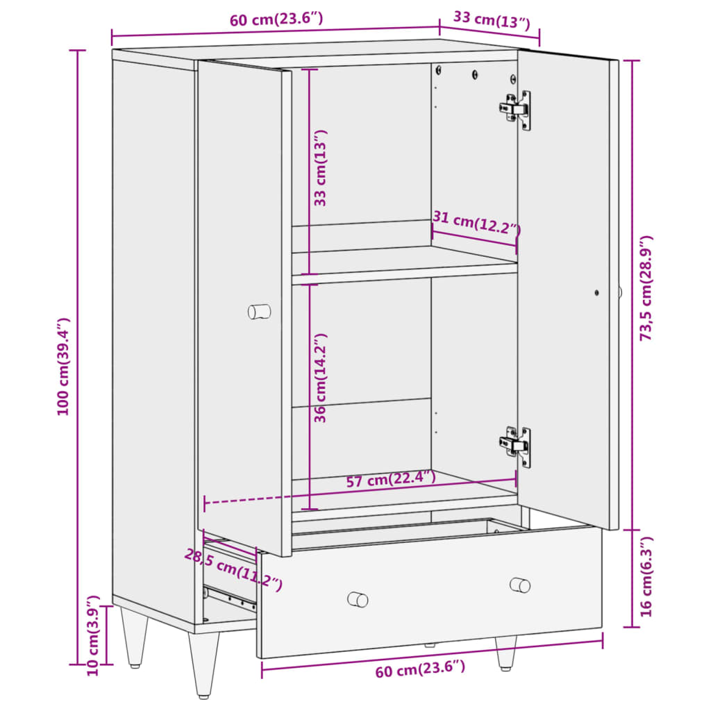Highboard 60x33x100 cm Solid Wood Mango