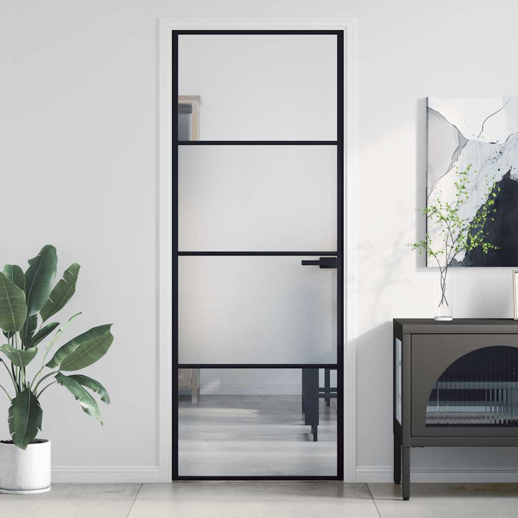 Interior Door Slim Black 76x201.5 cm Tempered Glass and Aluminium