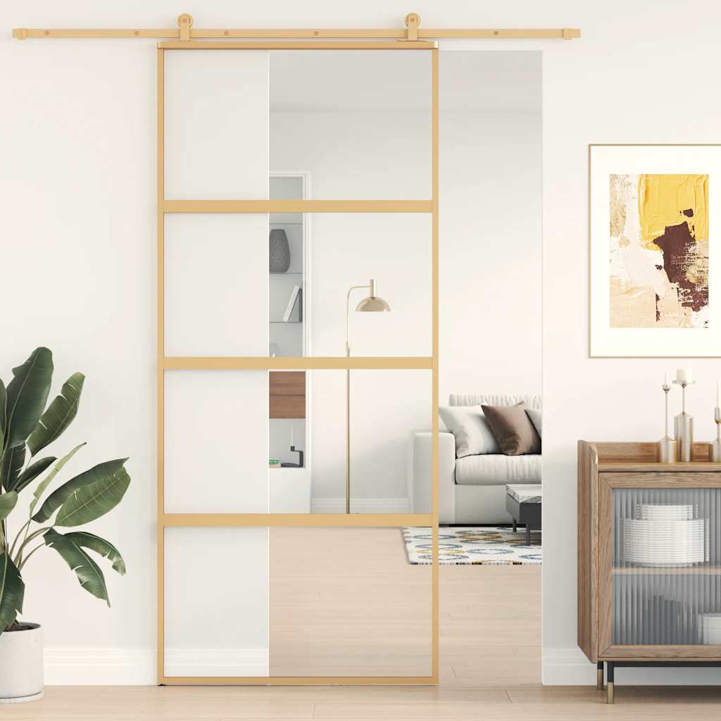 Sliding Door Gold 90x205 cm Clear ESG Glass and Aluminium