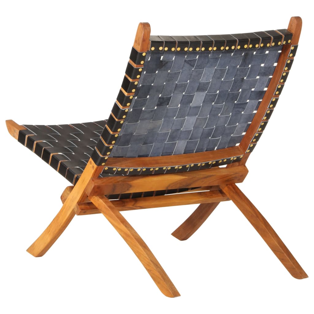 Folding Relaxing Chair Black Real Leather
