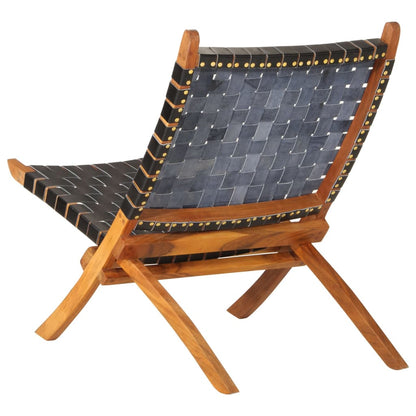Folding Relaxing Chair Black Real Leather