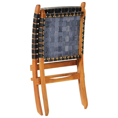 Folding Relaxing Chair Black Real Leather