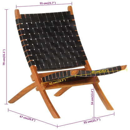 Folding Relaxing Chair Black Real Leather
