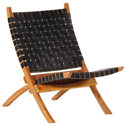 Folding Relaxing Chair Black Real Leather