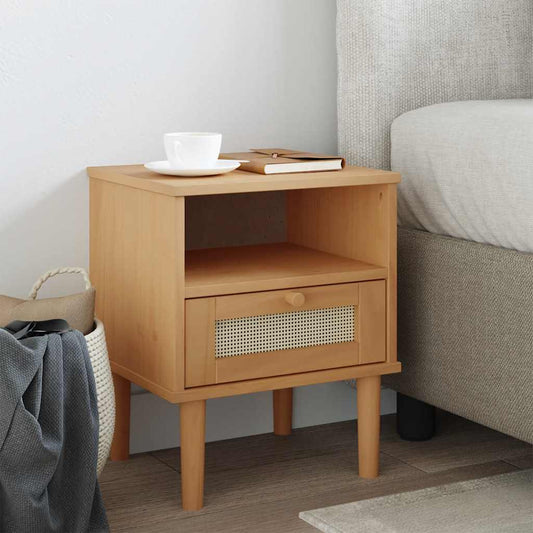 Bedside Cabinet SENJA Rattan Look Brown 40x35x48 cm Solid Wood Pine