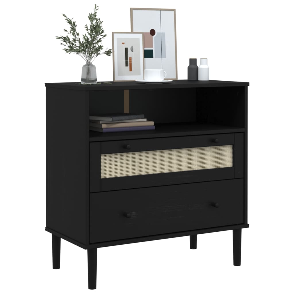 Sideboard SENJA Rattan Look Black 80x40x80 cm Solid Wood Pine