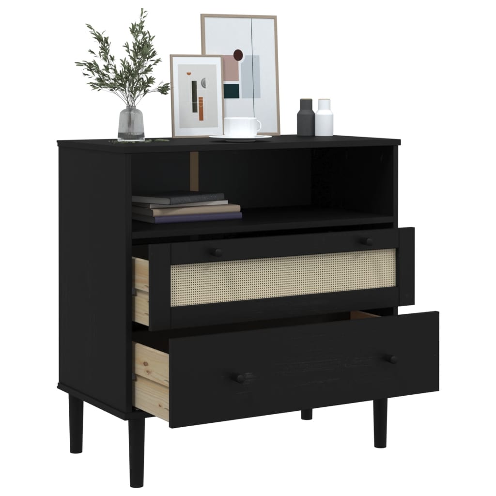 Sideboard "SENJA" Rattan Look Black 80x40x80 cm Solid Wood Pine