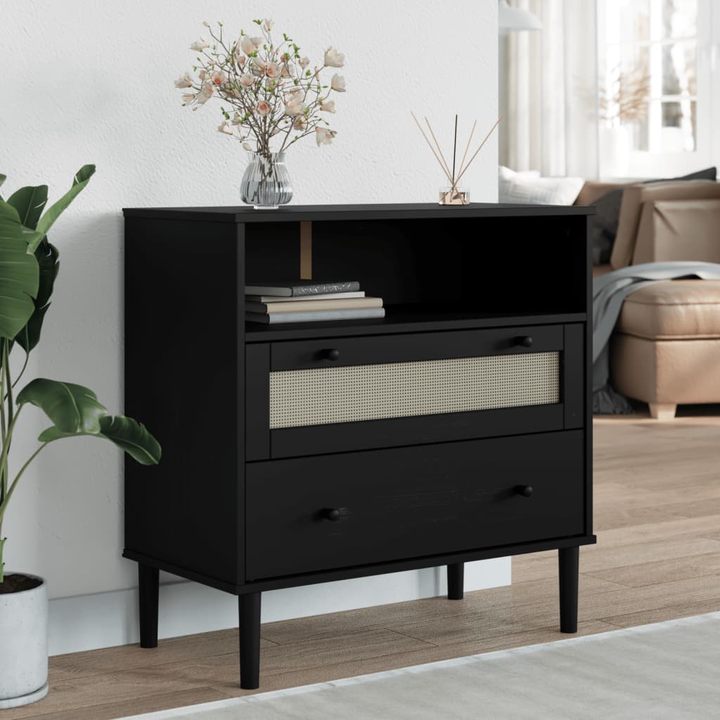 Sideboard "SENJA" Rattan Look Black 80x40x80 cm Solid Wood Pine