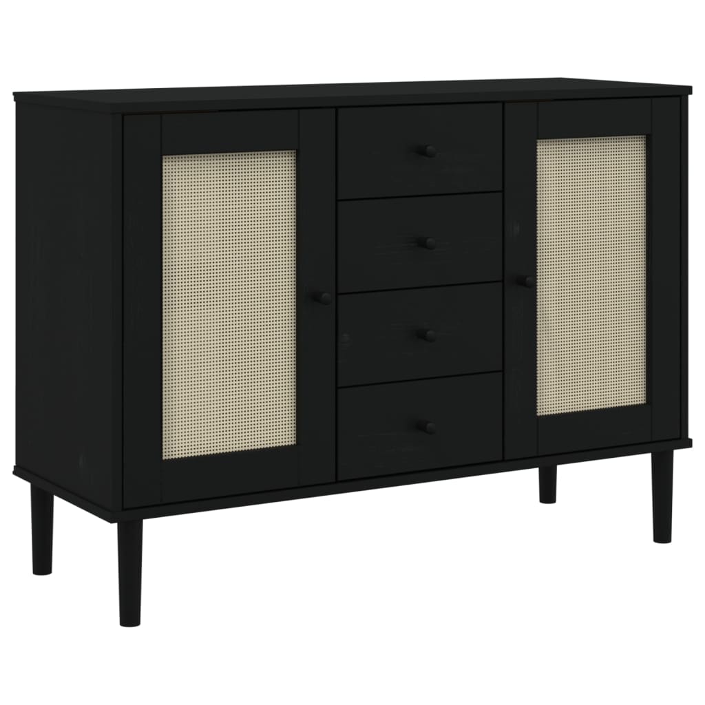 Sideboard SENJA Rattan Look Black 112x40x80 cm Solid Wood Pine