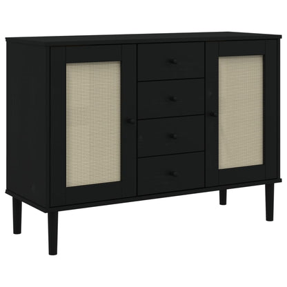 Sideboard SENJA Rattan Look Black 112x40x80 cm Solid Wood Pine
