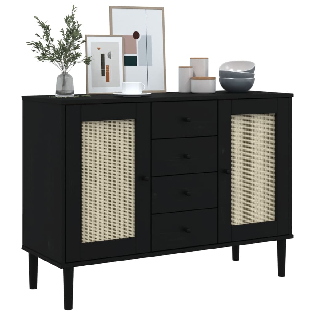 Sideboard SENJA Rattan Look Black 112x40x80 cm Solid Wood Pine