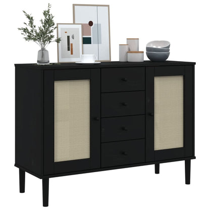 Sideboard SENJA Rattan Look Black 112x40x80 cm Solid Wood Pine