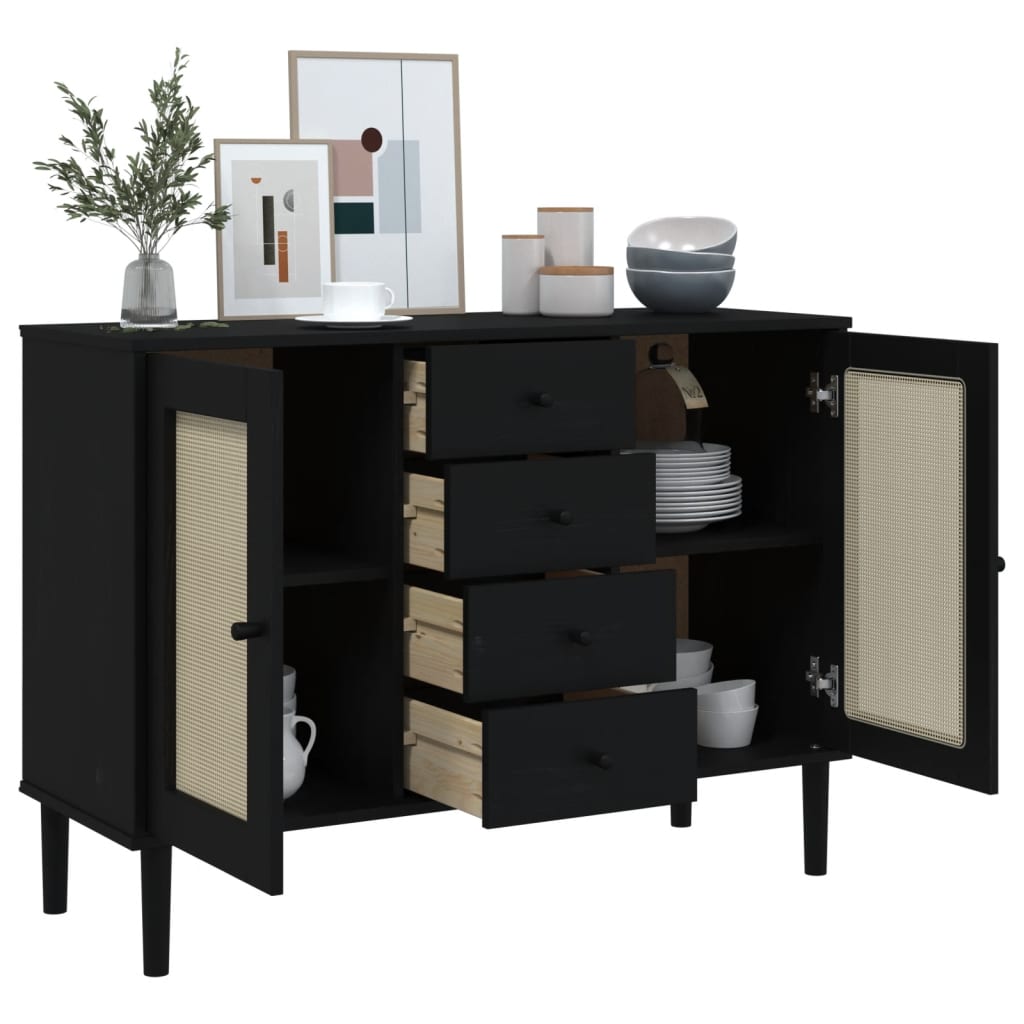 Sideboard SENJA Rattan Look Black 112x40x80 cm Solid Wood Pine