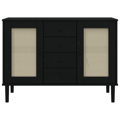 Sideboard SENJA Rattan Look Black 112x40x80 cm Solid Wood Pine