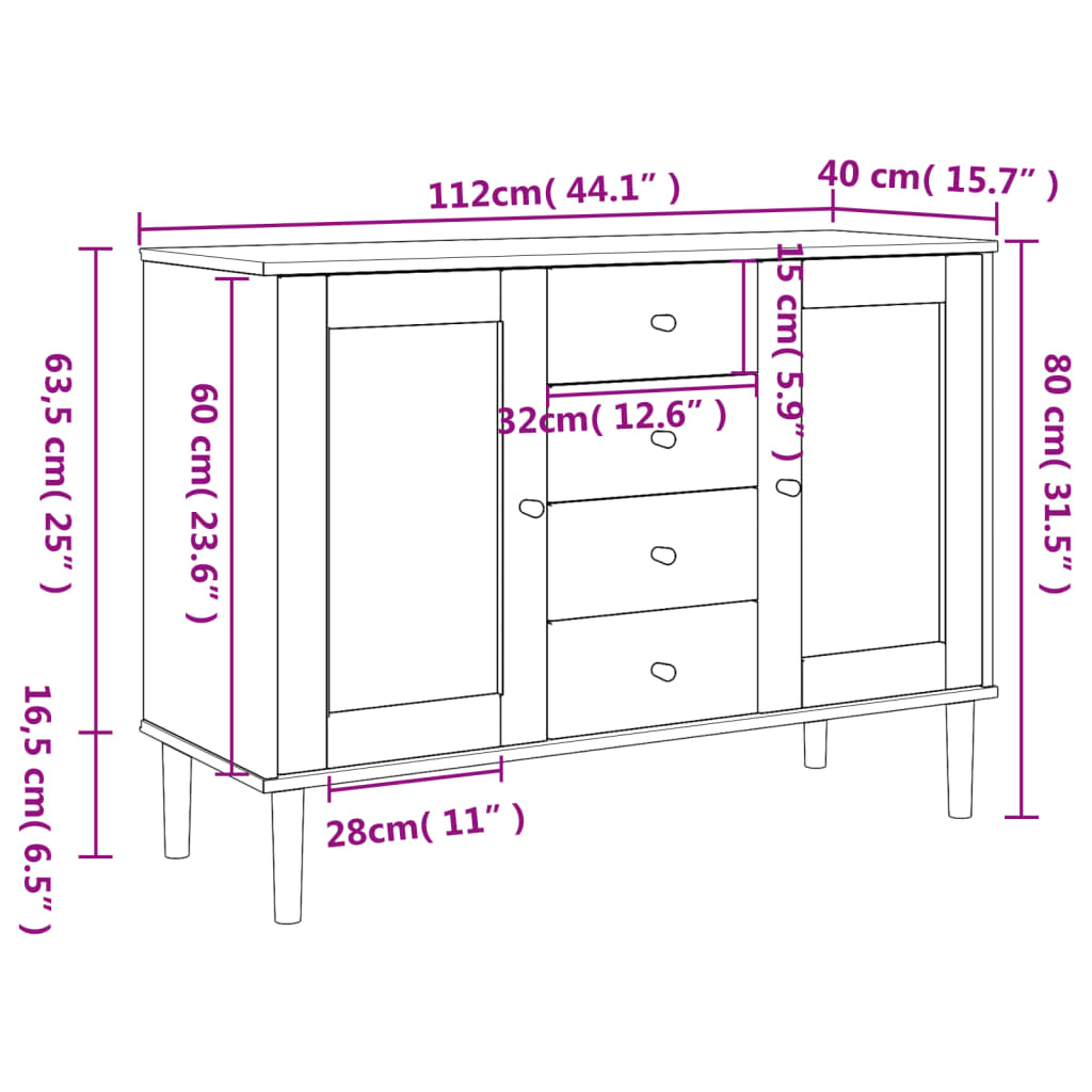 Sideboard SENJA Rattan Look Black 112x40x80 cm Solid Wood Pine